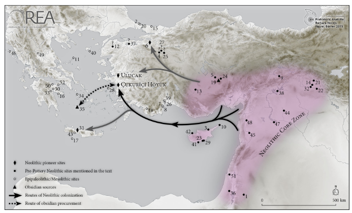 Datei:Neolithisierung von Westanatolien mit vorgeschlagenen Kolonisierungsrouten.png